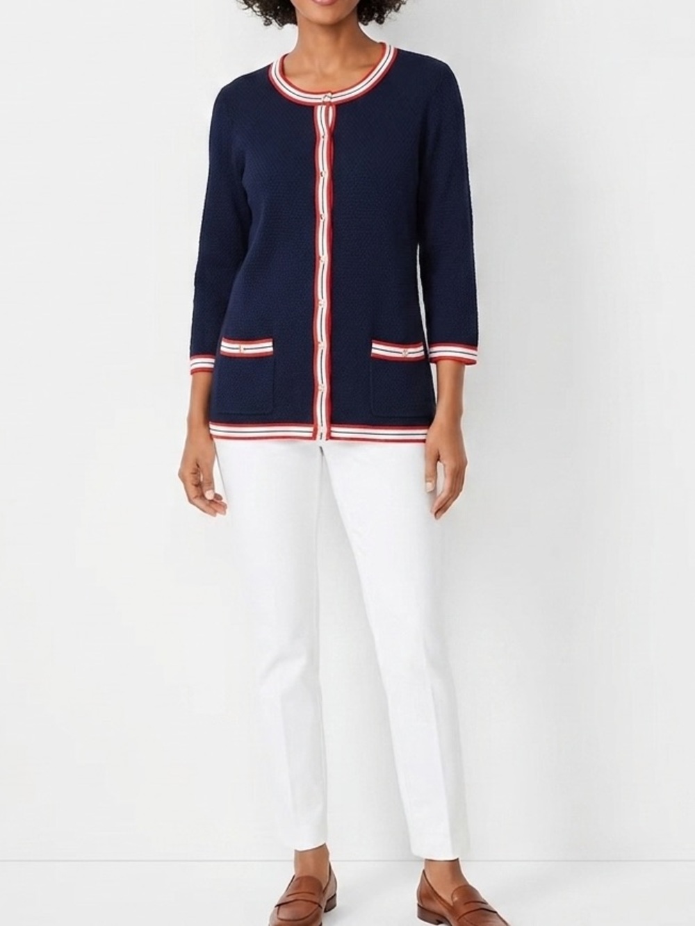 Talbots Navy Blue Ribbed Knit Button Front Cardigan Sweater Red White Trim❤️